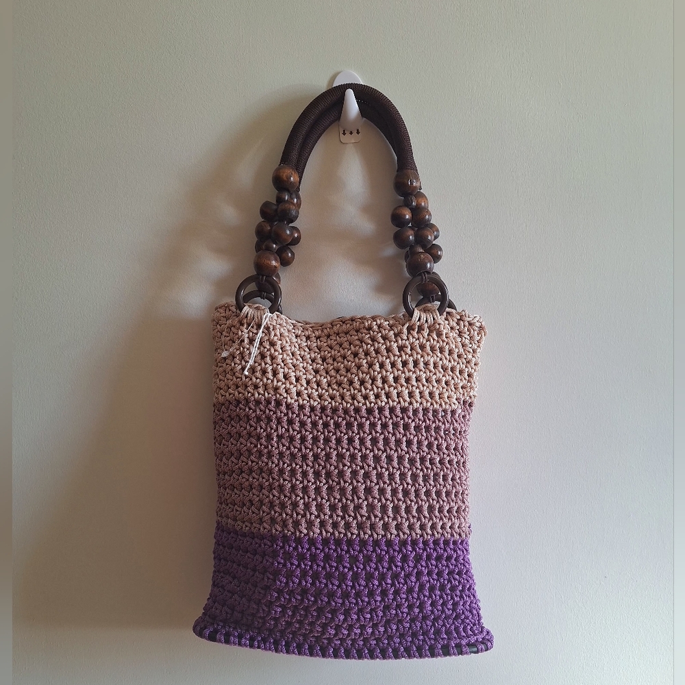 Elegant Crochet Shoulder Bag in Purple and Tan - Picture 1 of 9